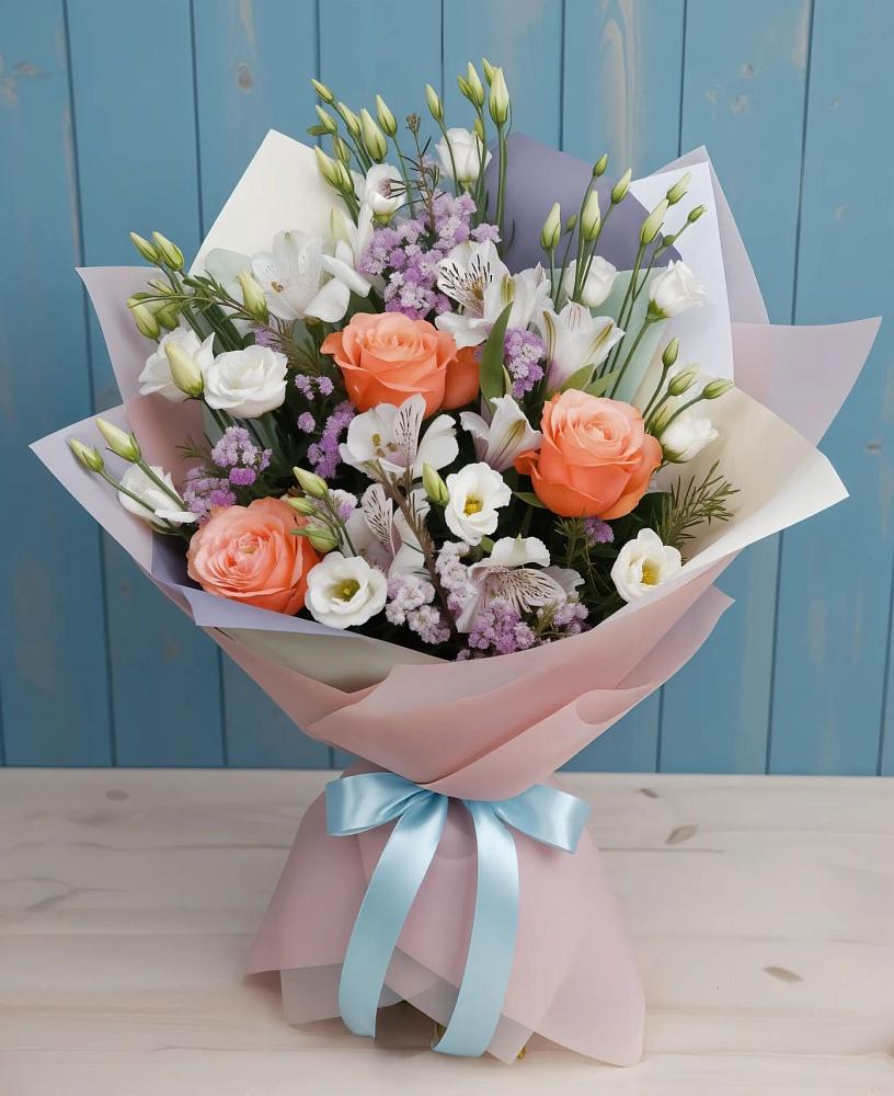 Букет цветов из: Лизиантусы, Розы, Альстромерии и Гипсофила в Дор