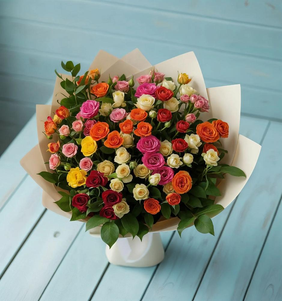 Букет Микс из разноцветных кустовых роз в Дор