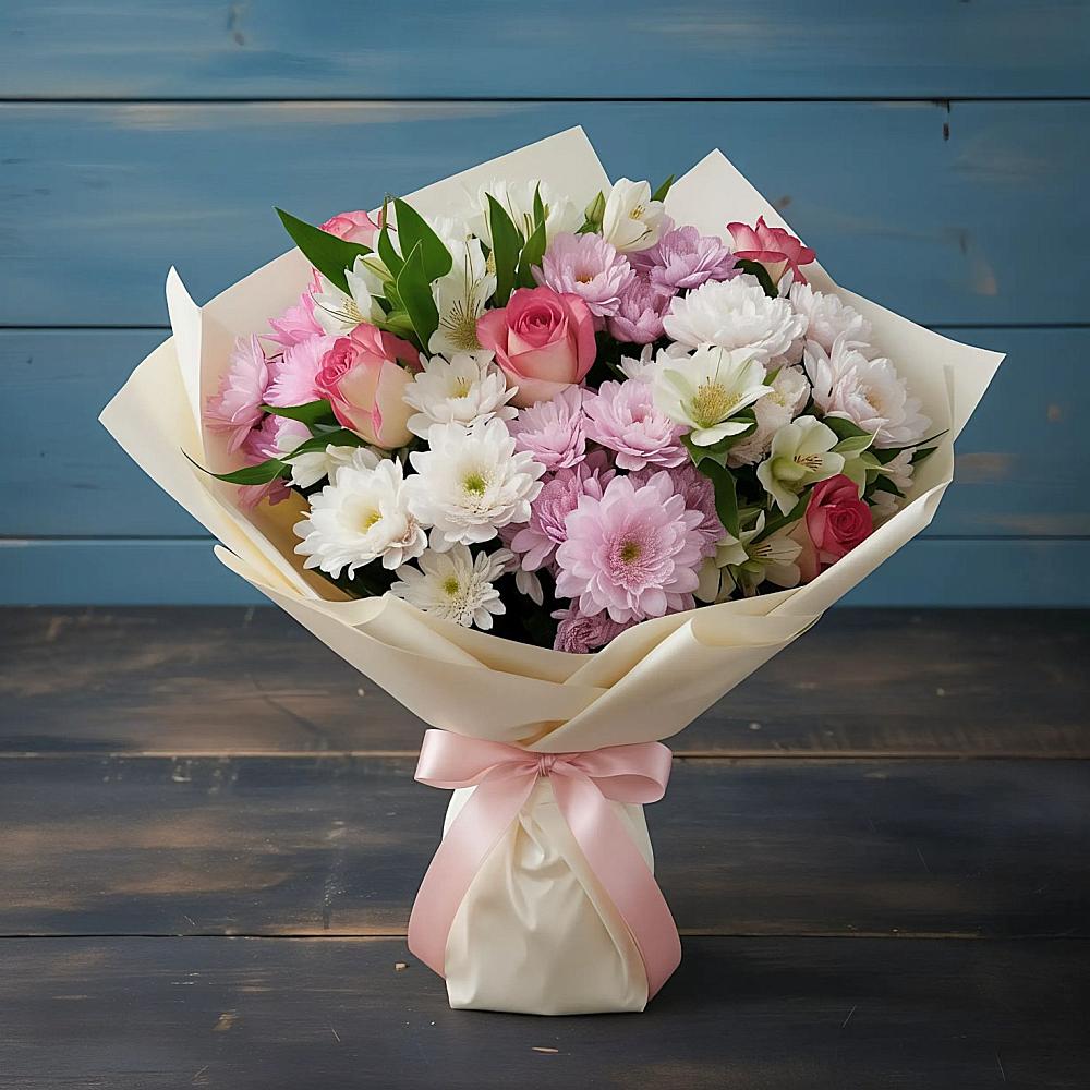 Букет цветов из: Хризантемы, Альстромерии и Розы в Дор